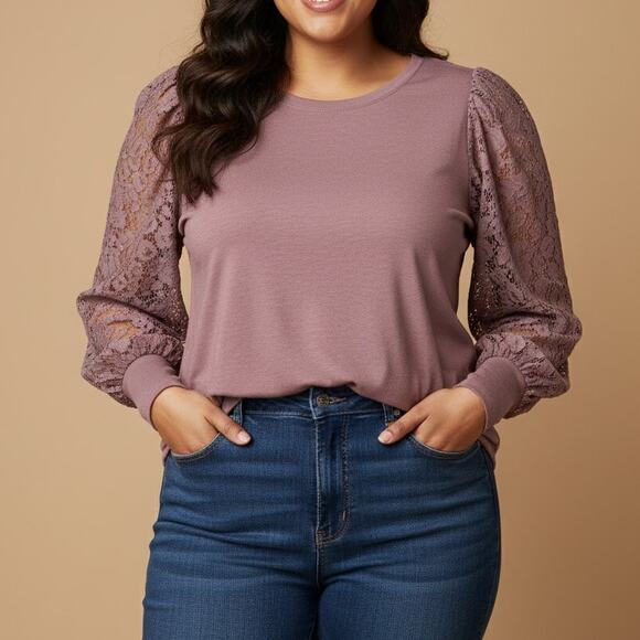 Torrid Mauve Knit Lace Sleeve Top XXL Plus Size Romantic Puff Shoulder Blouse - Picture 1 of 8